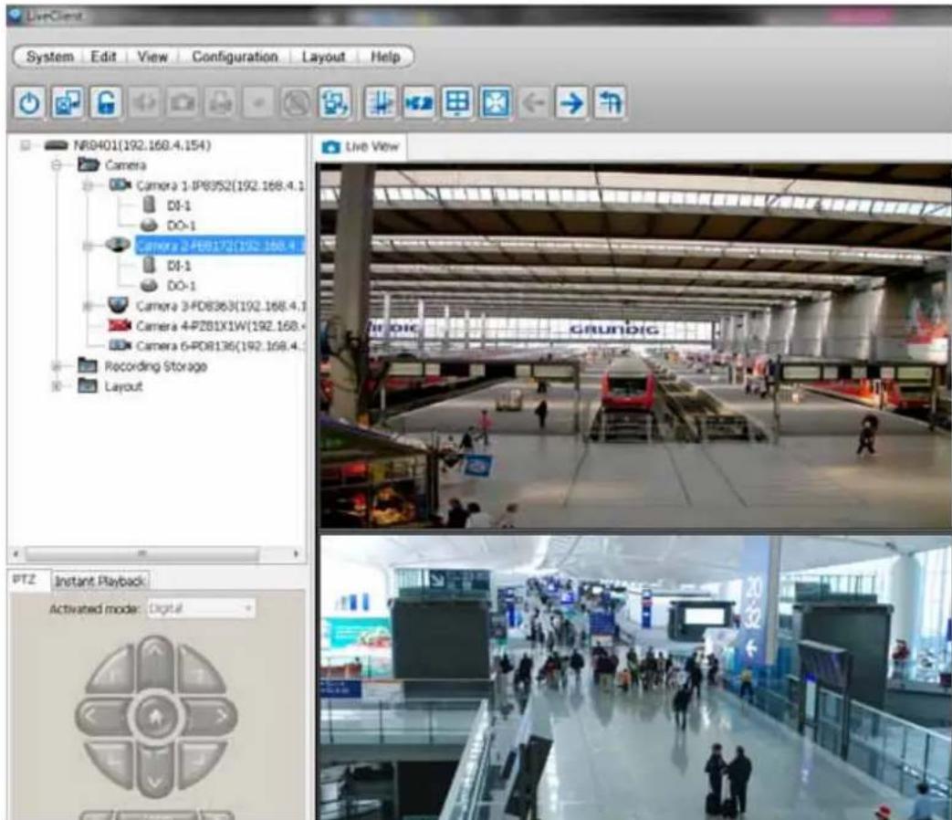LiveClera System Edit View Configuration Layout Help NR0401(192.168.4.154) Camera Camera 1-IPB952(192.168.4.1 DI-1 DO-1 Camera 2-PDB173(192.168.4 DI-1 DO-1 Camera 3-PDB363(192.168.4.1 Camera 4-P2B1X1W(192.168.4 Camera 5-PDB136(192.168.4.1 Recording Storage Layout PTZ Instant Playback Activated mode: Digital Live View GRUNDIG 2026