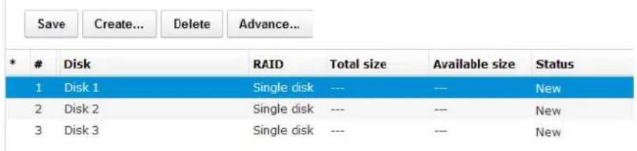 Save Create... Delete Advance... * # Disk RAID Total size Available size Status 1 Disk 1 Single disk --- --- New 2 Disk 2 Single disk --- --- New 3 Disk 3 Single disk --- --- New