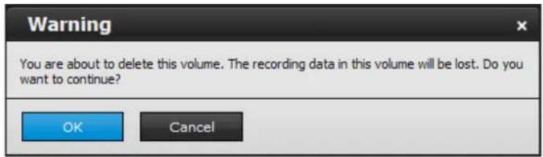 Warning You are about to delete this volume. The recording data in this volume will be lost. Do you want to continue? OK Cancel