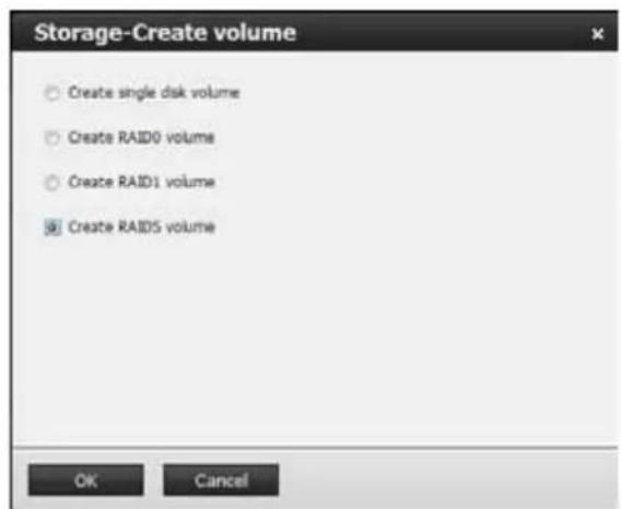 Storage-Create volume ○ Create single disk volume ○ Create RAID0 volume ○ Create RAID1 volume ● Create RAIDS volume OK Cancel
