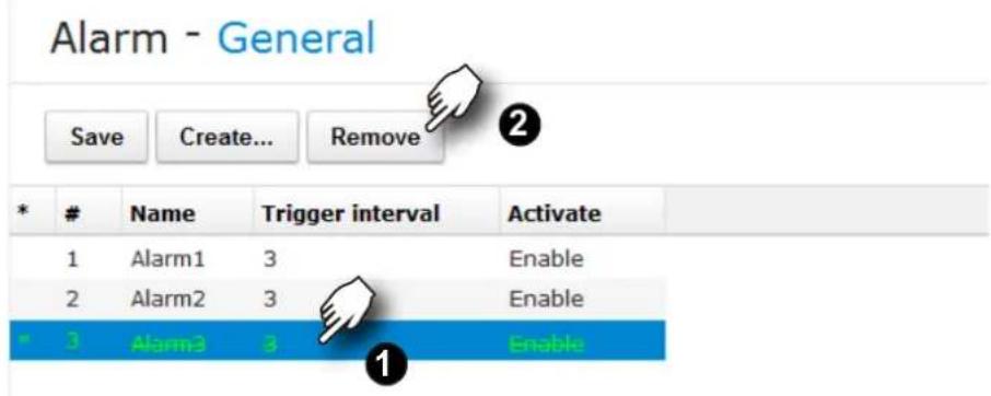 Alarm - General Save Create... Remove ② * # Name Trigger interval Activate 1 Alarm1 3 Enable 2 Alarm2 3 Enable " 3 Alarm3 3 Enable