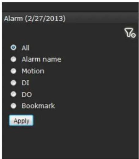 Alarm (2/27/2013) All Alarm name Motion DI DO Bookmark Apply