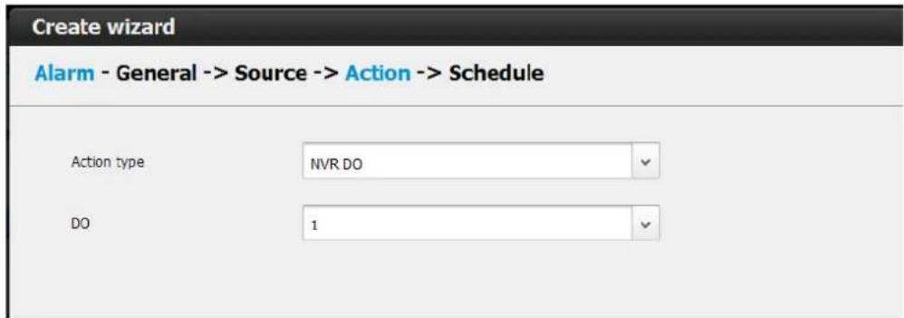 Create wizard Alarm - General -> Source -> Action -> Schedule Action type NVR DO DO 1