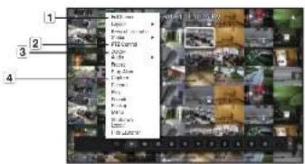 Screenshot of a video editing interface with numbered UI elements and a context menu open, showing image thumbnails and text.