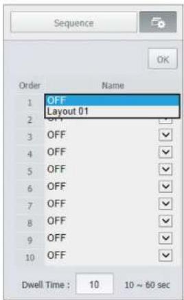 Sequence Order Name 1 OFF Layout 01 2 OFF 3 OFF 4 OFF 5 OFF 6 OFF 7 OFF 8 OFF 9 OFF 10 OFF Dwell Time : 10 10 ~ 60 sec