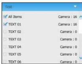 Text All Items Camera : 16 TEXT 01 Camera : 16 TEXT 02 Camera : 0 TEXT 03 Camera : 0 TEXT 04 Camera : 0 TEXT 05 Camera : 0 TEXT 06 Camera : 0