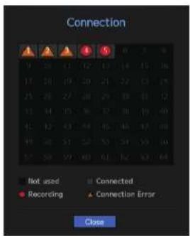 Connection 1 2 3 4 5 6 7 8 17 18 19 20 21 22 23 24 25 26 27 28 29 30 31 32 33 34 35 36 37 38 39 40 41 42 43 44 45 46 47 48 49 50 51 52 53 54 55 56 57 58 59 60 61 62 63 64 Not used Connected Recording Connection Error Close