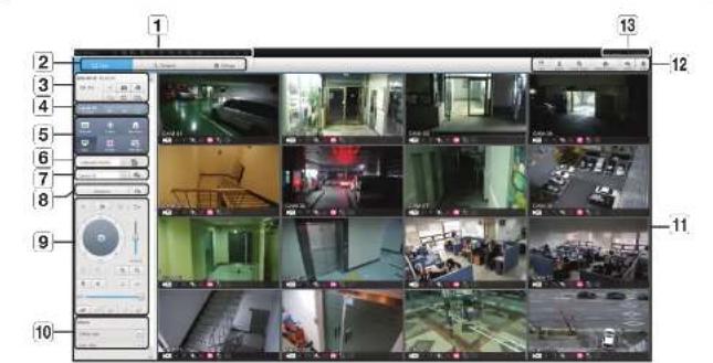 Screenshot of a surveillance camera interface with numbered panels and tool panels visible