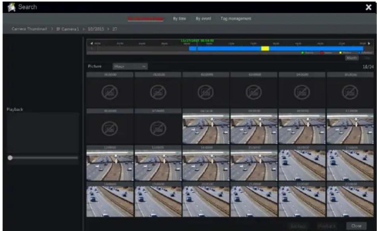 Search By time By event Tag management Camera Thumbnail > IP Camera1 > 10/2015 > 37 Picture Hour 16/27/2015 06:18:30 Playback 06:00:00 06:15:30 06:20:00 06:25:00 06:30:00 06:35:00 12:00:00 12:05:00 14:00:00 15:00:00 16:00:00 17:00:00 18:00:00 19:00:00 20:00:00 21:00:00 22:00:00 23:00:00 Close