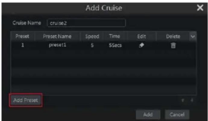 Add Cruise Cruise Name cruise2 Preset Preset Name Speed Time Edit Delete 1 preset1 5 5Secs Add Preset Cancel
