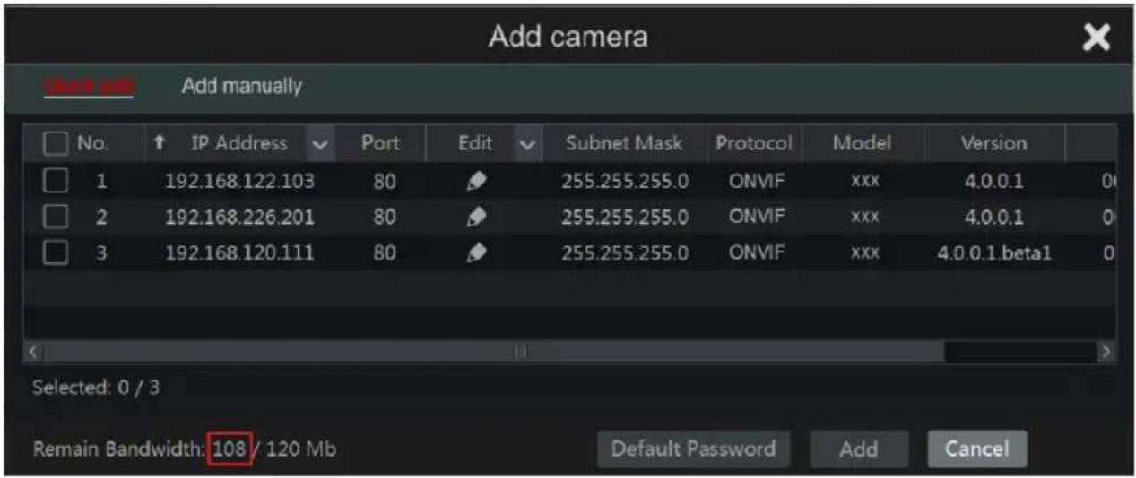 Add camera Add manually No. IP Address Port Edit Subnet Mask Protocol Model Version 1 192.168.122.103 80 255.255.255.0 ONVIF xxx 4.0.0.1 0 2 192.168.226.201 80 255.255.255.0 ONVIF xxx 4.0.0.1 0 3 192.168.120.111 80 255.255.255.0 ONVIF xxx 4.0.0.1.beta1 0 Selected: 0 / 3 Remain Bandwidth: 108 / 120 Mb Default Password Add Cancel