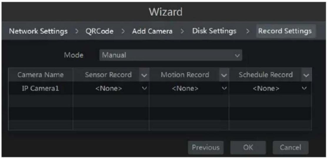 Wizard Network Settings > QRCode > Add Camera > Disk Settings > Record Settings Mode Manual Camera Name Sensor Record Motion Record Schedule Record IP Camera1 Previous OK Cancel