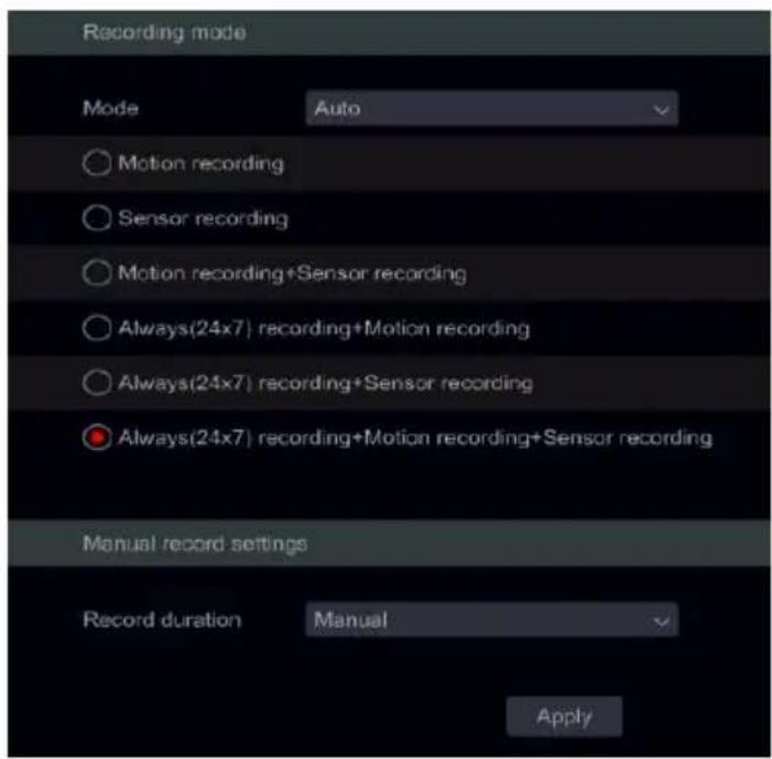 Recording mode Mode Auto Motion recording Sensor recording Motion recording+Sensor recording Always(24x7) recording+Motion recording Always(24x7) recording+Sensor recording Always(24x7) recording+Motion recording+Sensor recording Manual record settings Record duration Manual Apply