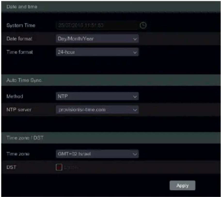 Date and time System Time 25/07/2016 11:51:53 Date format Day/Month/Year Time format 24-hour Auto Time Sync. Method NTP NTP server provisionisr-time.com Time zone / DST Time zone GMT+02 Israel DST Apply