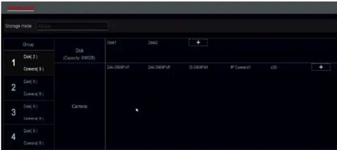 Storage mode Group Group Disk (Capacity: 930GB) Disk1 Disk2 + Disk( 2 ) Camera( 5 ) Disk( 0 ) Camera( 0 ) Disk( 0 ) Camera( 0 ) Disk( 0 ) Camera( 0 )