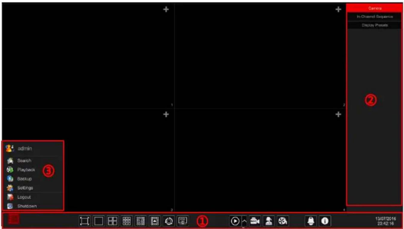 admin Search Playback ③ Backup Settings Logout Shutdown Camera In-Channel Sequence Display Presets 13/07/2016 23:42:16