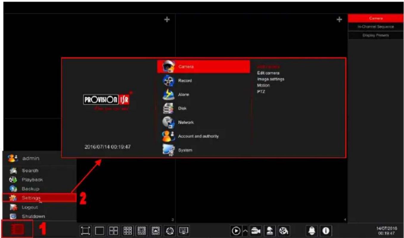Camera In-Channel Sequence Display Presets PROVISION ISR 2016/07/14 00:19:47 Camera Record Alarm Disk Network Account and authority System Edit camera Image settings Motion PTZ admin Search Playback Backup Settings Logout Shutdown 14/07/2016 00:19:47