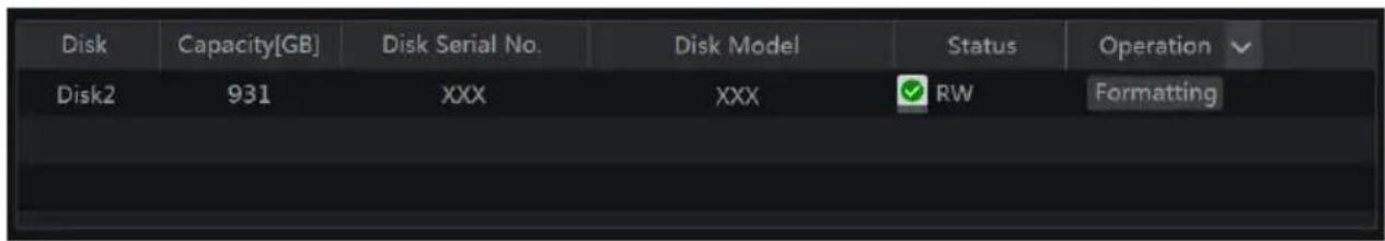 Disk Capacity[GB] Disk Serial No. Disk Model Status Operation Disk2 931 XXX XXX RW Formatting