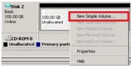 Disk 2 Basic 100.00 GB Online 100.00 GB Unallocated CD-ROM 0 Unallocated Primary porti New Simple Volume... New Spanned Volume... New Striped Volume... New Mirrored Volume... New RAID-S Volume... Properties Help