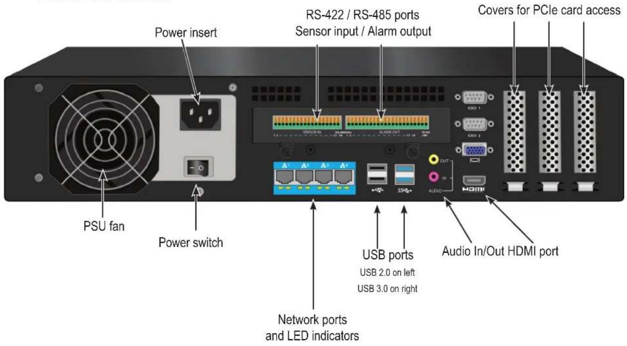 Power insert RS-422 / RS-485 ports Sensor input / Alarm output Covers for PCIe card access PSU fan Power switch USB ports USB 2.0 on left USB 3.0 on right Network ports and LED indicators Audio In/Out HDMI port
