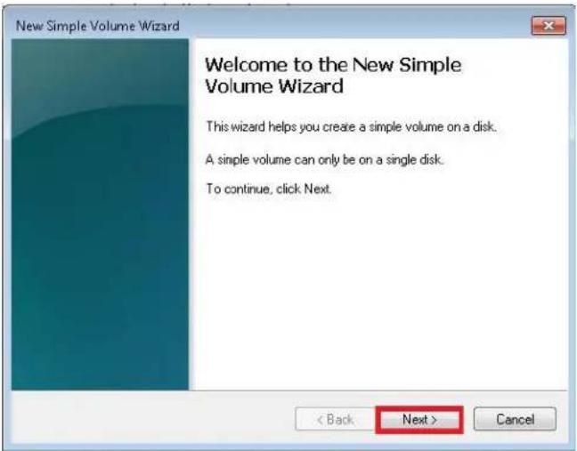 New Simple Volume Wizard Welcome to the New Simple Volume Wizard This wizard helps you create a simple volume on a disk. A simple volume can only be on a single disk. To continue, click Next. < Back Next > Cancel