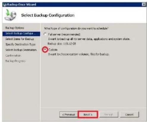Backup Once Wizard Select Backup Configuration Backup Options Select Backup Configur... Select Items for Backup Specify Destination Type Select Backup Destination Confirmation Backup Progress What type of configuration do you want to schedule? Full server (recommended) I want to back up all my server data, applications and system state. Backup size: 110.12 GB Custom I want to choose custom volumes, files for backup.