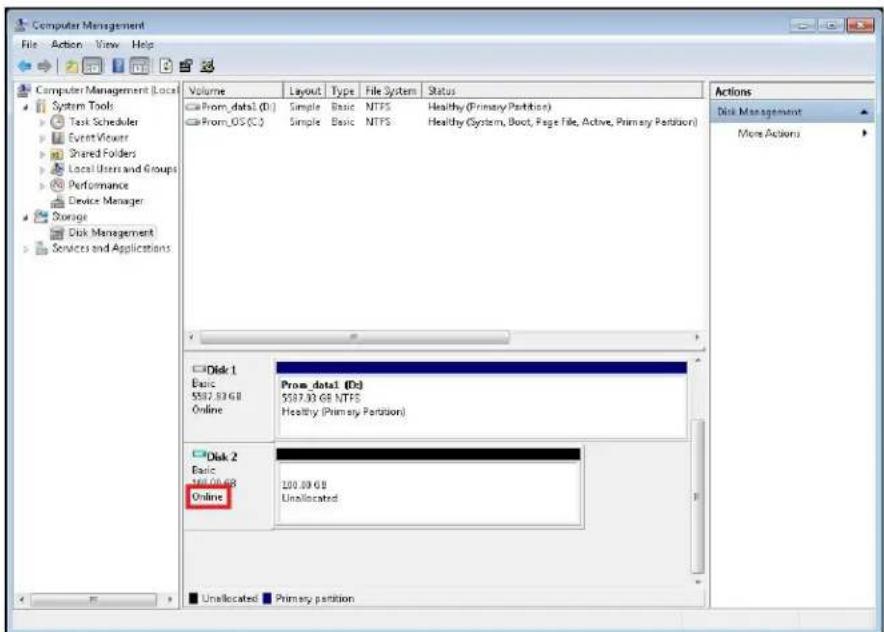 Computer Management File Action View Help Computer Management [Local] System Tools Task Scheduler Event Viewer Shared Folders Local Users and Groups Performance Device Manager Storage Disk Management Services and Applications Volume Layout Type File System Status □From_data1 (D:) Simple Basic NTPS Healthy (Primary Partition) □From_OS (C:) Simple Basic NTPS Healthy (System, Boot, Page File, Active, Primary Partition) Actions Disk Management More Actions □Disk 1 Basic 5587.03 GB Online Prox_data1 (D:) $5587.03 GB NTFS Healthy (Primary Partition) □Disk 2 Basic 560.00 GB Online 100.00 GB Unallocated ■ Unallocated ■ Primary partition