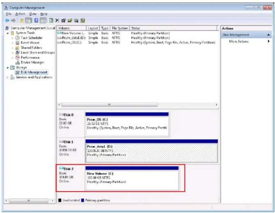 Computer Management File Action View Help Computer Management (Local System Tools Task Scheduler Event Viewer Shared Folders Local Users and Groups Performance Device Manager Storage Disk Management Services and Applications Volume Layout Type File System Status New Volume 1... Simple Basic NFTS Healthy (Primary Partition) Prom_data1 (D:) Simple Basic NFTS Healthy (Primary Partition) Prom_OS(C:) Simple Basic NFTS Healthy (System, Boot, Page File, Active, Primary Partition) Disk 0 Basic 29.82 GB Online Prom_OS (C:) 29.82 GB NFTS Healthy (System, Boot, Page File, Active, Primary Partition) Disk 1 Basic 13008.39 GB Online Prom_data1 (D:) 13008.39 GB NFTS Healthy (Primary Partition) Disk 2 Basic 100.00 GB Online New Volume (E:) 100.00 GB NFTS Healthy (Primary Partition) Unallocated Primary partition Actions Disk Management More Actions
