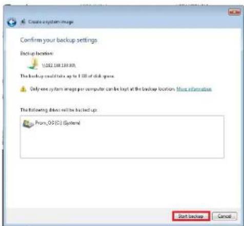 Create a system image Confirm your backup settings Backup location: U392.188.188.00 The backup could take up to 1 GB of disk space Only one system image per computer can be kept at the backup location. More information The following device will be backed up: From_OSS (C) (System) Start backup Cancel