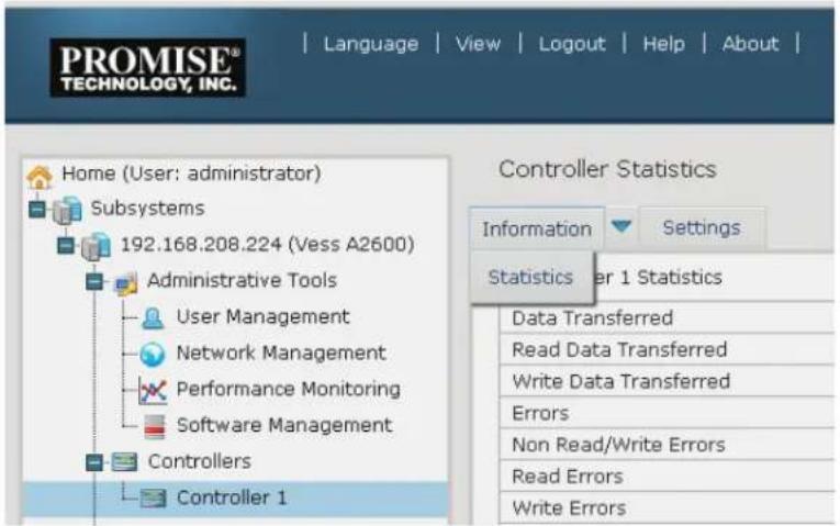 PROMISE® TECHNOLOGY, INC. Language View Logout Help About | Home (User: administrator) Subsystems 192.168.208.224 (Vess A2600) Administrative Tools User Management Network Management Performance Monitoring Software Management Controllers Controller 1 Controller Statistics Information Settings Statistics User 1 Statistics Data Transferred Read Data Transferred Write Data Transferred Errors Non Read/Write Errors Read Errors Write Errors