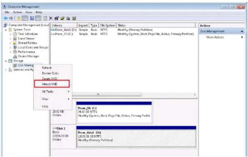 Computer Management File Action View Help Volume Layout Type File System Status System Tools Task Scheduler Event Viewer Shared Folders Local Users and Groups Performance Device Manager Storage Disk Manager Services and Adj Refresh Restrain Disk Create VHID Attach VHID All Tools View Help 25.42 GB Online Proc_OS: Rcl 29.81 GB NTFS Healthy (System, Boot, Page File, Active, Primary Part) Disk 1 Basic L3038.39 GB Online Proc_data: (Dx) L3038.39 GB NTFS Healthy (Primary Part) Actions Disk Management More Actions