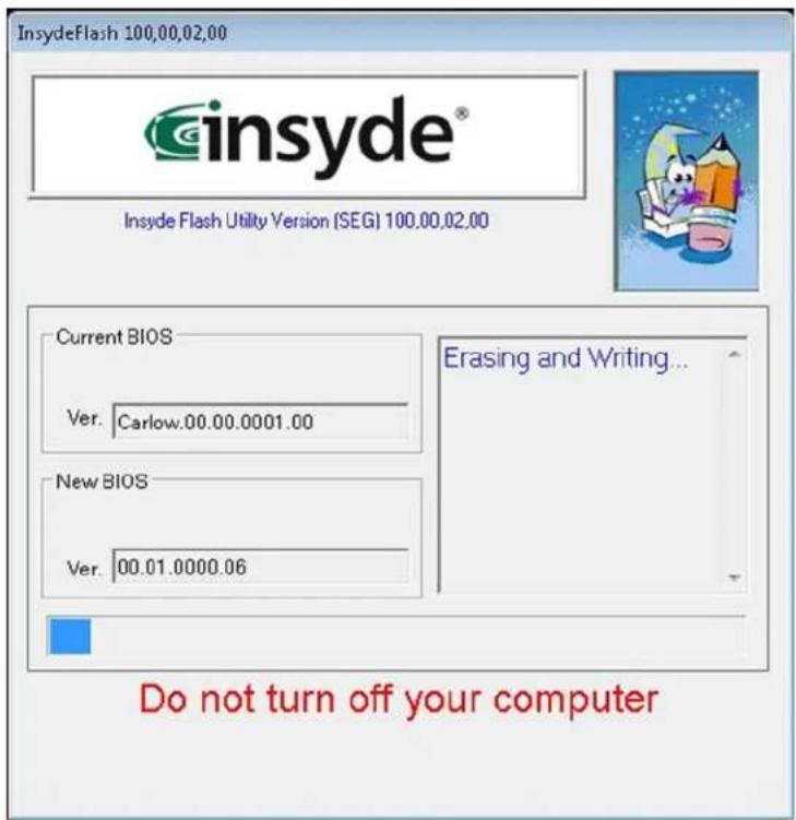 Insydeflash 100,00,02,00 insyde® Insyde Flash Utility Version (SEG) 100.00.02.00 Current BIOS Ver. Carlow.00.00.0001.00 New BIOS Ver. 00.01.0000.06 Erasing and Writing... Do not turn off your computer