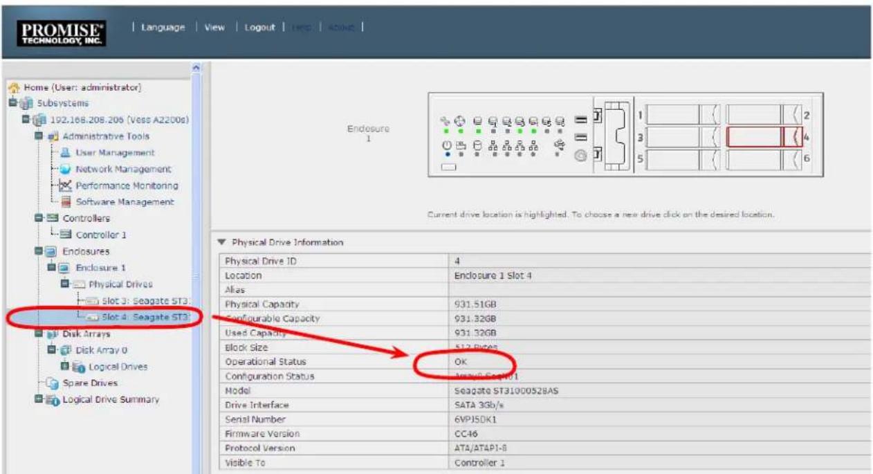 PROMISE® TECHNOLOGY, INC. Language View Logout INFO ADDIC Home (User: administrator) Subsystems 192.168.208.206 (Vess A2200s) Administrative Tools User Management Network Management Performance Monitoring Software Management Controllers Controller 1 Enclosures Enclosure 1 Physical Drives Slot 3: Seagate ST3 Slot 4: Seagate ST3 Disk Arrays Disk Array 0 Logical Drives Spare Drives Logical Drive Summary Endosure 1 Current drive location is highlighted. To choose a new drive click on the desired location. Physical Drive Information Physical Drive ID 4 Location Enclosure 1 Slot 4 Alias Physical Capacity 931.51GB Configurable Capacity 931.32GB Used Capacity 931.32GB Block Size 512 Bytes Operational Status OK Configuration Status Apache0 Seq101 Model Seagate ST31000528AS Drive Interface SATA 3Gb/s Serial Number 6VPJSDK1 Firmware Version CC46 Protocol Version ATA/AT4P1-8 Visible To Controller 1
