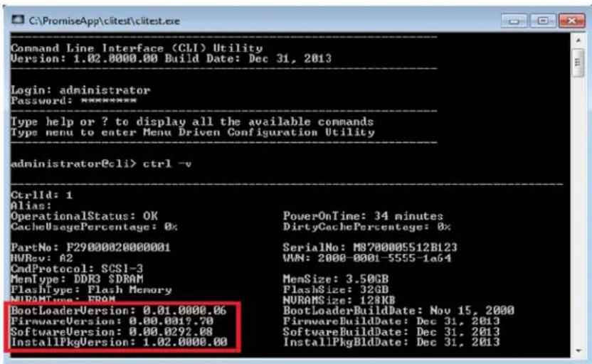 Command Line Interface (CLI) Utility Version: 1.02.0000.00 Build Date: Dec 31, 2013 Login: administrator Password: ****** Type help or ? to display all the available commands Type menu to enter Menu Driven Configuration Utility administrator@cli> ctrl -v CtrlId: 1 Alias: OperationalStatus: OK CacheUsagePercentage: 0% PartNo: F29000020000001 HVRev: A2 CmdProtocol: SCSI-3 MemType: DDR3 $DRAM FlashType: Flash Memory NURAMTime: ERAM BootLoaderVersion: 0.01.0000.06 FirmwareVersion: 0.00.0019.70 SoftwareVersion: 0.00.0292.08 InstallPkgVersion: 1.02.0000.00 PowerOnTime: 34 minutes DirtyCachePercentage: 0% SerialNo: M9700005512B123 VAN: 2000-0001-5555-1a64 MemSize: 3.50GB FlashSize: 32GB NURAMSize: 128KB BootLoaderBuildDate: Nov 15, 2000 FirmwareBuildDate: Dec 31, 2013 SoftwareBuildDate: Dec 31, 2013 InstallPkgBldDate: Dec 31, 2013