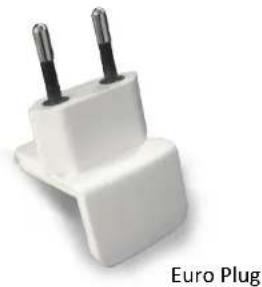 White Euro Plug plug with two metal pins, labeled 'Euro Plug' below (no other text or symbols)