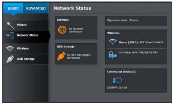 BASIC ADVANCED Network Status Wizard Network Status Wireless USB Storage Internet No Internet connection USB Storage An user storage(s) connected Operation Mode: Router Wireless Numeric (5S10): TREN2nd/146604 2.4 GHz: WPA-PSK/WPA2-PSK Connected Device(s) D8CB9713D+38