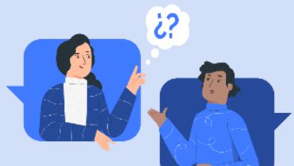 Illustration of two people in conversation, one pointing upward with a question mark above, the other gesturing with a thought bubble (no text or symbols present)