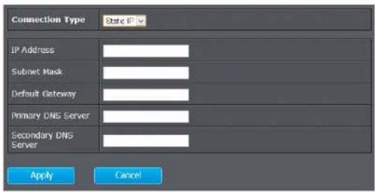 Connection Type State IP IP Address Subnet Mask Default Gateway Primary DNS Server Secondary DNS Server Apply Cancel