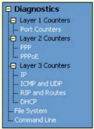 Diagnostics Layer 1 Counters Port Counters Layer 2 Counters PPP PPPoE Layer 3 Counters IP ICMP and UDP RIP and Routes DHCP File System Command Line