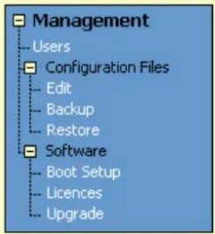Management Users Configuration Files Edit Backup Restore Software Boot Setup Licences Upgrade