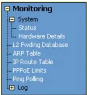 Monitoring System Status Hardware Details L2 Fwding Database ARP Table IP Route Table PPPoE Limits Ping Polling Log