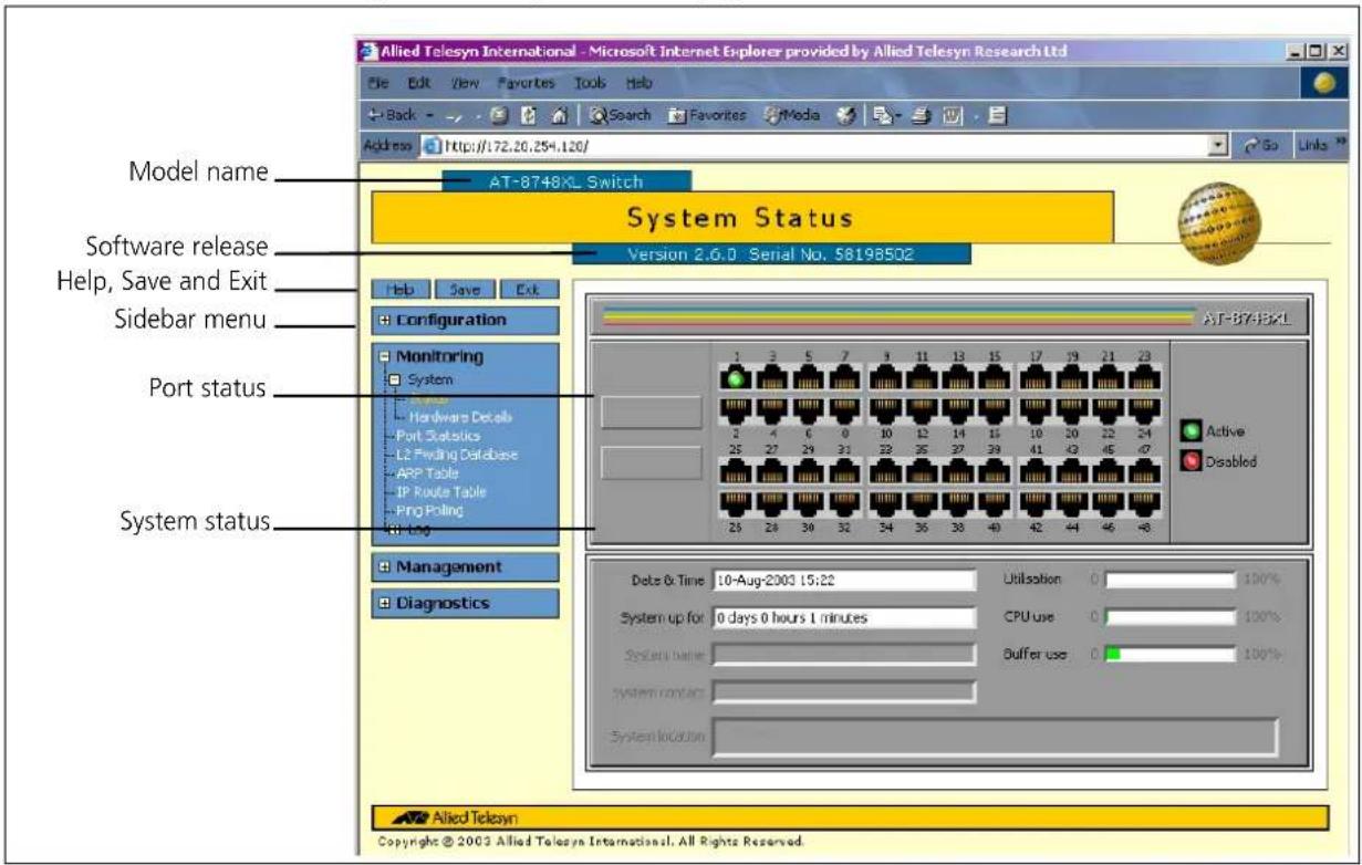 Model name Software release Help, Save and Exit Sidebar menu System status Management Diagnostics AT-8748KL Switch System Status Version 2.6.0 Serial No. 581985Q2 Configuration Monitoring System Hardware Details Port Statistics L2 Pwding Database APP Table IP Route Table Ping Polling U-1.00 AT-8748KL Active Disabled Data & Time 10-Aug-2003 15:22 Utilisation 0 100% System up for 0 days 0 hours 1 minutes CPU use 0 100% System Name Buffer use 0 100% system contact System location Allied Telesyn Copyright © 2003 Allied Telesyn International, All Rights Reserved.