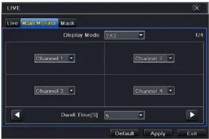 LIVE Live Main Monitor Mask Display Mode 2X2 1/4 Channel 1 Channel 2 Channel 3 Channel 4 Dwell Time[S] 6 Default Apply Exit