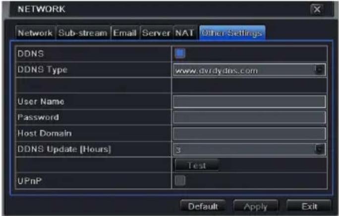 NETWORK Network Sub-stream Email Server NAT Other Settings DDNS DDNS Type www.dvrdydns.com User Name Password Host Domain DDNS Update [Hours] 3 UPnP Test Default Apply Exit