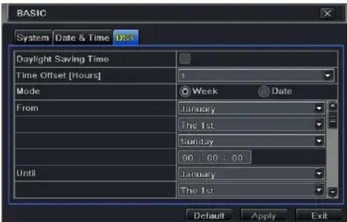 BASIC System Date & Time DS Daylight Saving Time Time Offset [Hours] Mode From January The 1st Sunday 00 : 00 : 00 Until January The 1st Default Apply Exit