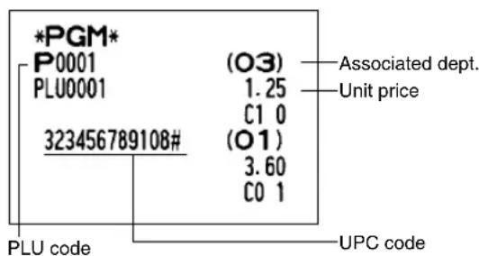 *PGM* P0001 PLU0001 323456789108# (03) 1.25 C1 0 (01) 3.60 C0 1 PLU code (03) Unit price Associated dept. UPC code