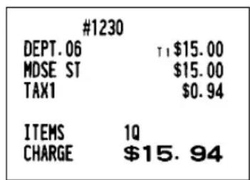#1230 DEPT. 06 T1 $15.00 MDSE ST $15.00 TAX1 $0.94 ITEMS 1Q CHARGE $15.94