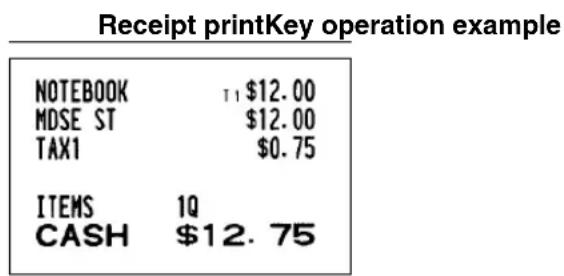 Receipt printKey operation example NOTEBOOK 11 $12.00 MDSE ST $12.00 TAX1 $0.75 ITEMS 1Q CASH $12.75