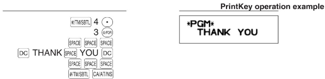 #/TM/SBTL 4 3 @/FOR SPACE SPACE SPACE DC THANK SPACE YOU DC SPACE SPACE SPACE #/TM/SBTL CA/AT/NS PrintKey operation example *PGM* THANK YOU