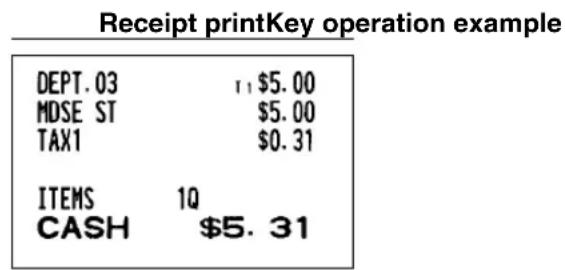 Receipt printKey operation example DEPT.03 11 $5.00 MDSE ST $5.00 TAX1 $0.31 ITEMS 1Q CASH $5.31